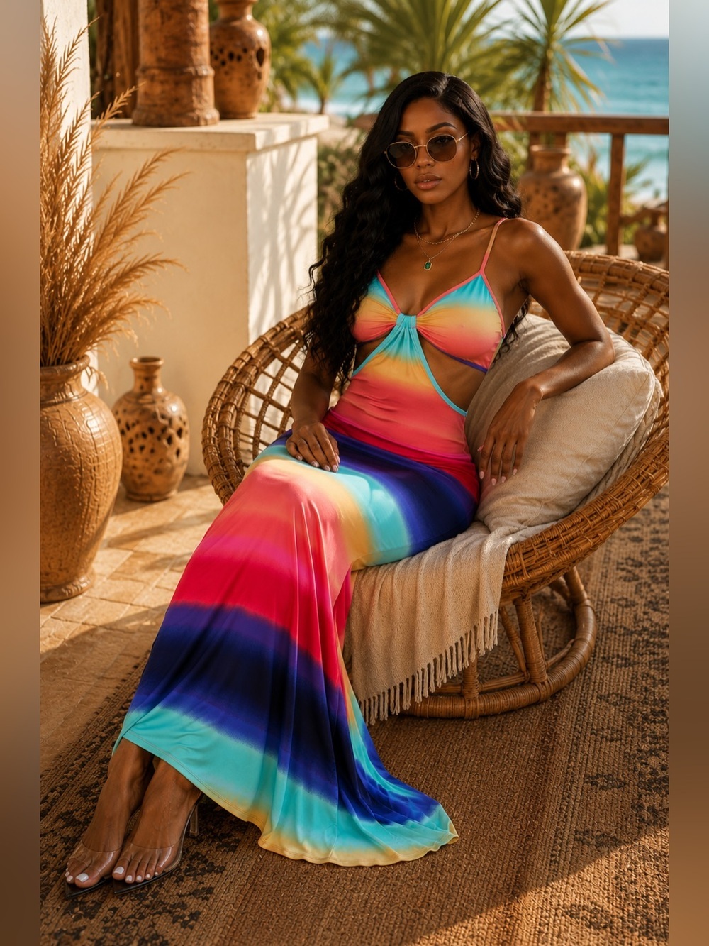 Rainbow Ombre Maxi Dress with Tie-Front Detail - Picture 3 of 5